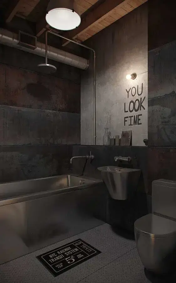 decoração industrial para banheiro com banheira inox Foto Yandex