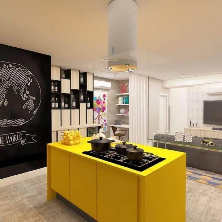 decoração para cozinha amarela com ilha Foto Doppia Arquitetura