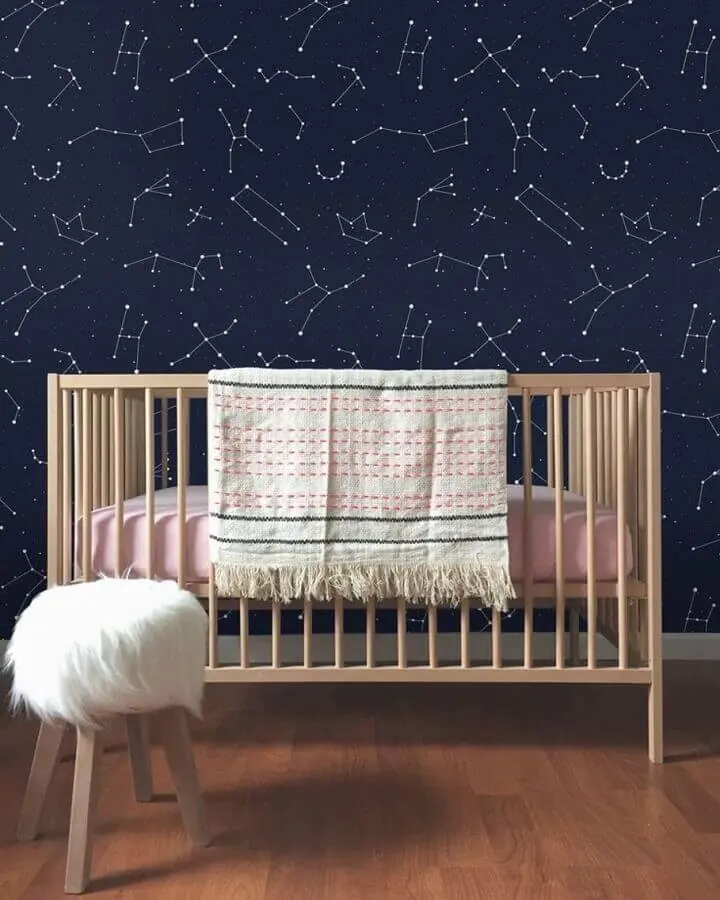 papel de parede azul marinho com constelações para quarto de bebê Foto Pinterest