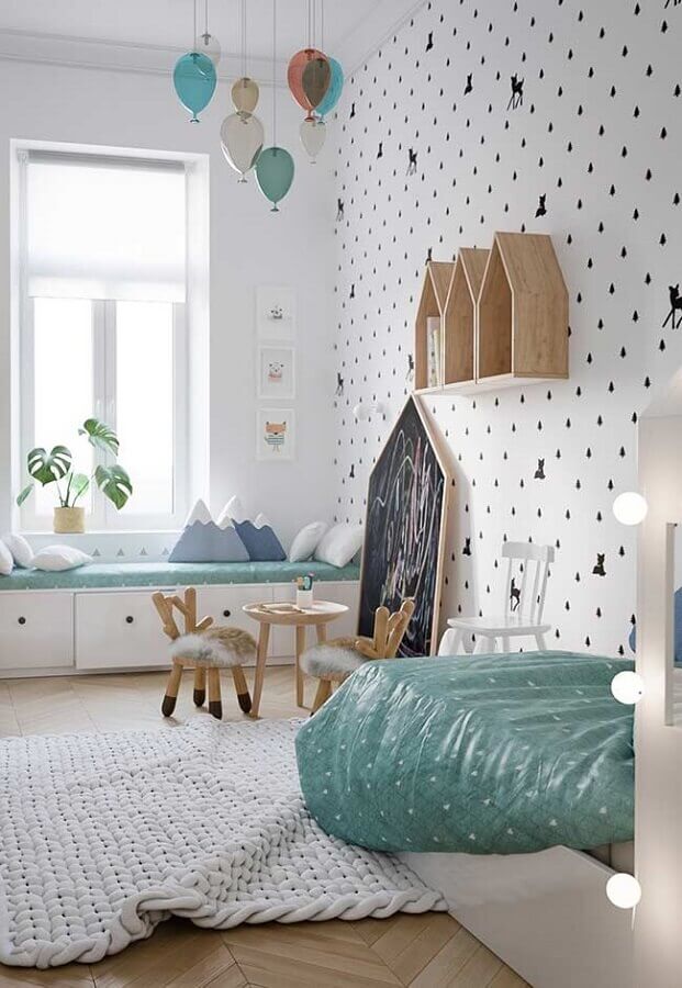 papel de parede infantil para quarto decorado com nichos de casinha Foto Gava Ambientes Completos