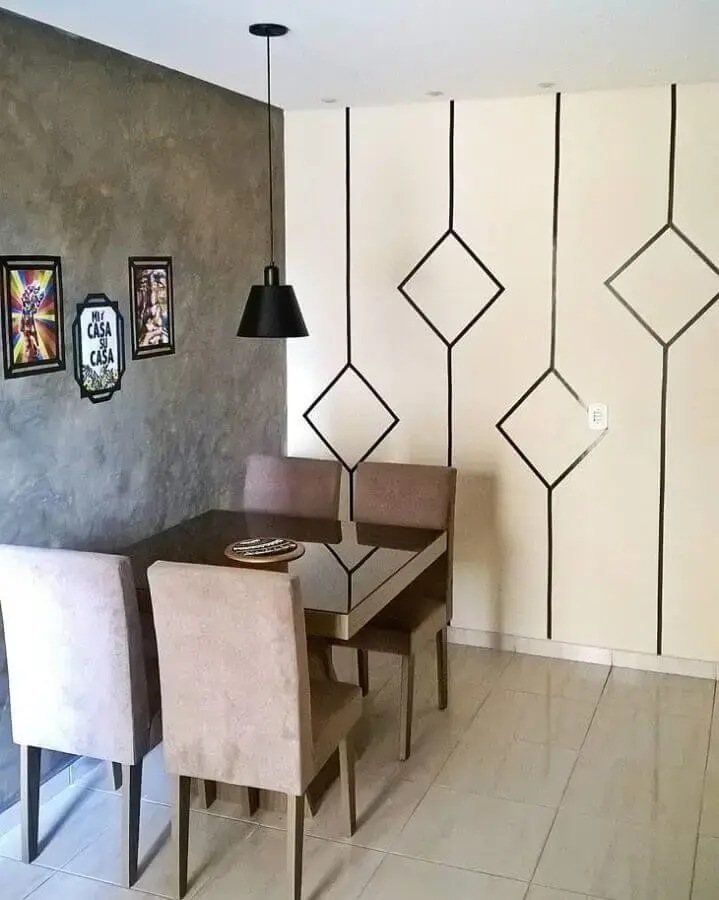 parede decorada com fita isolante para sala de jantar com cimento queimado Foto Apê do J&S