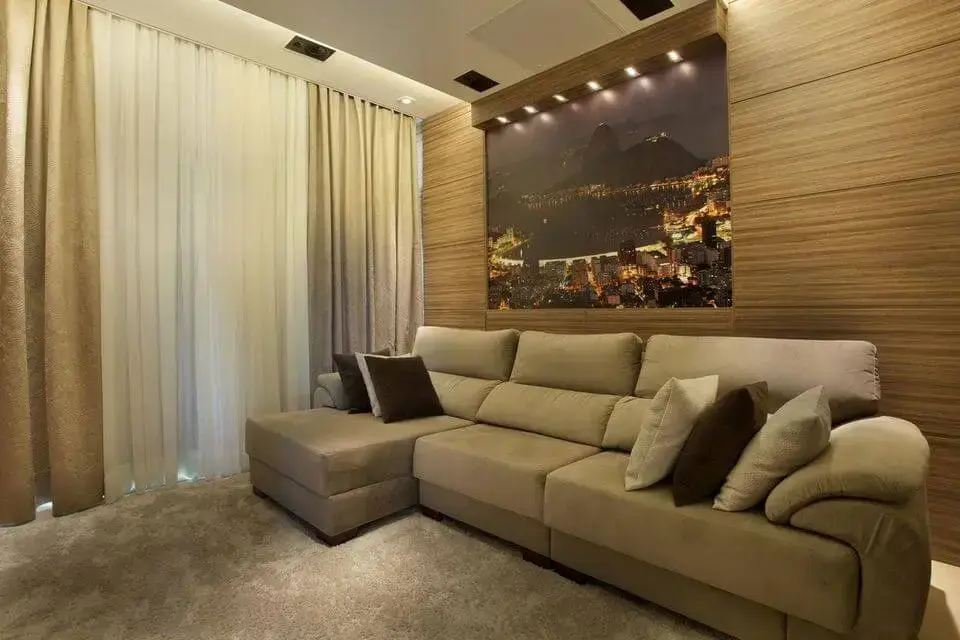 sofá de luxo - home theater com sofá cinza 
