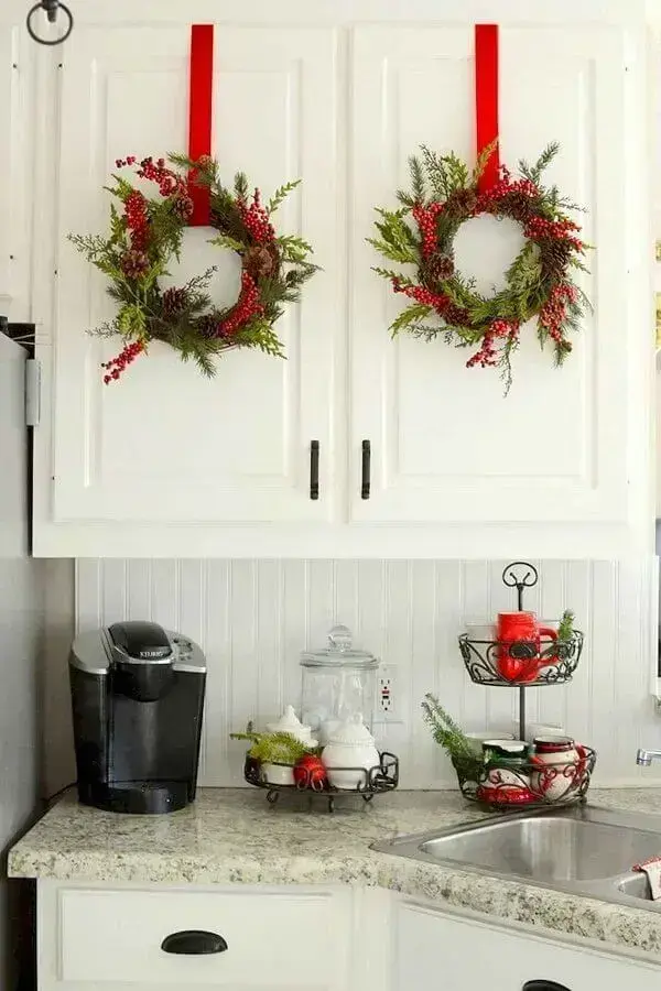 White kitchen decoration with Christmas decorations for cabinet door Photo Christmas Glitter