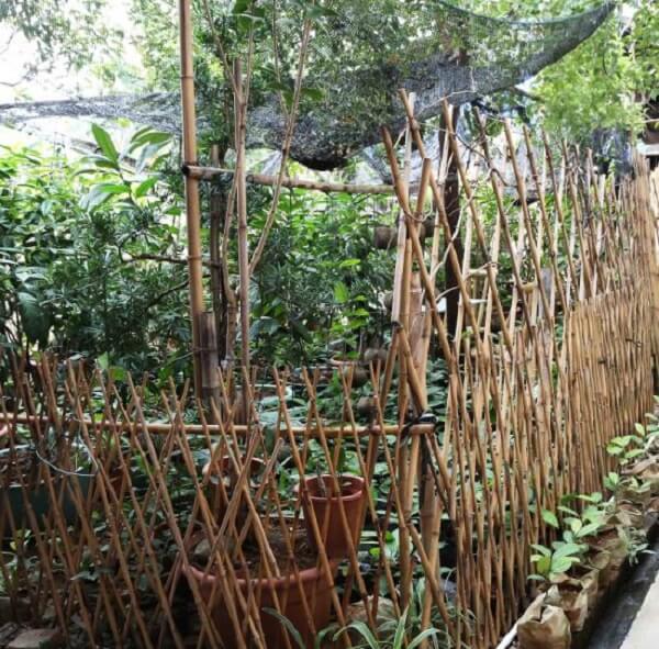 A cerca de bambu delimita a área da horta