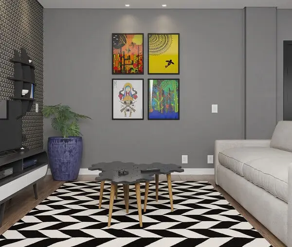 Sala de estar com mesa de centro criativa e tapete geométrico 200x250 preto e branco