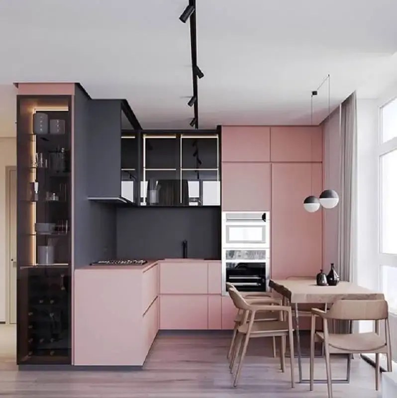 armário de cozinha cozinha rosa e cinza planejada Foto Organize sem Frescuras