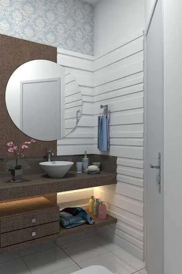 balcão para banheiro - espelho redondo em lavabo simples