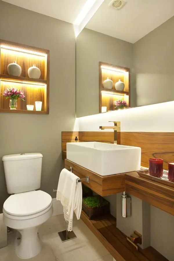 balcão para banheiro - lavabo com balcão grande de madeira 