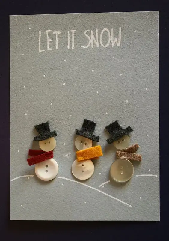 cartão de natal - cartão com botões formando bonecos de neve 