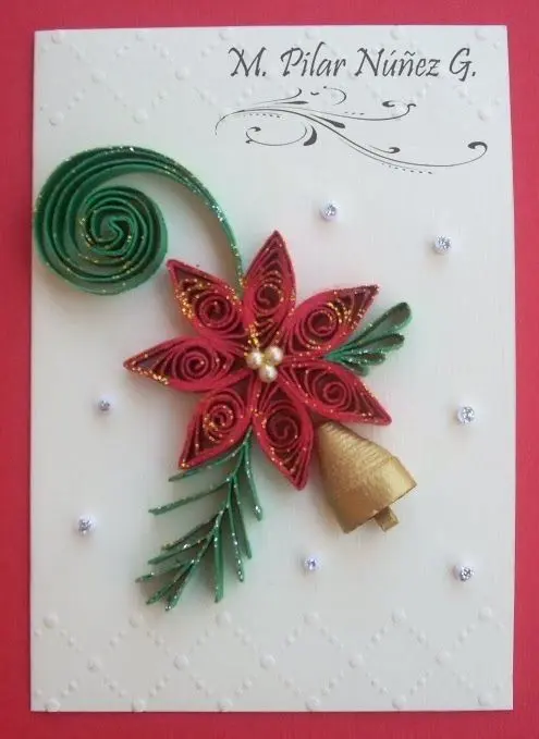 cartão de natal - cartão com flor de papel e sino 