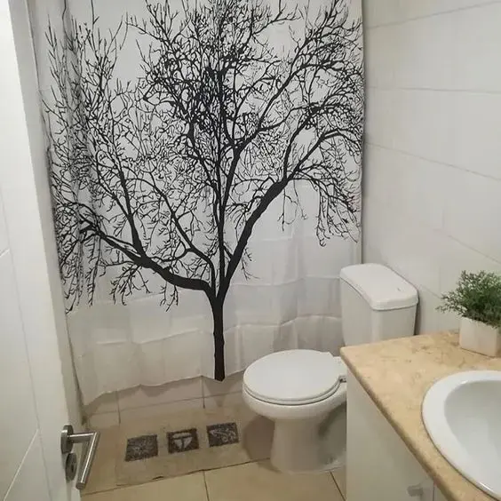 cortina para banheiro - cortina com desenho de árvore 