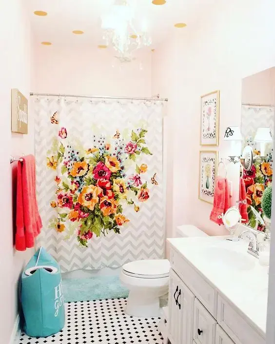 cortina para banheiro - cortina com ilustração colorida 