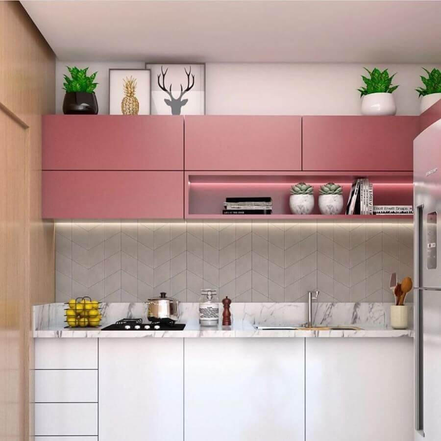 cozinha cor de rosa e branca planejada Foto Pinterest