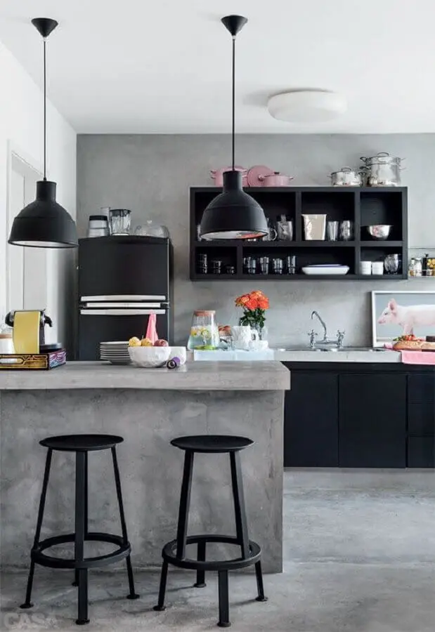 decoração com armários pretos para cozinha com bancada de concreto Foto Futurist Architecture