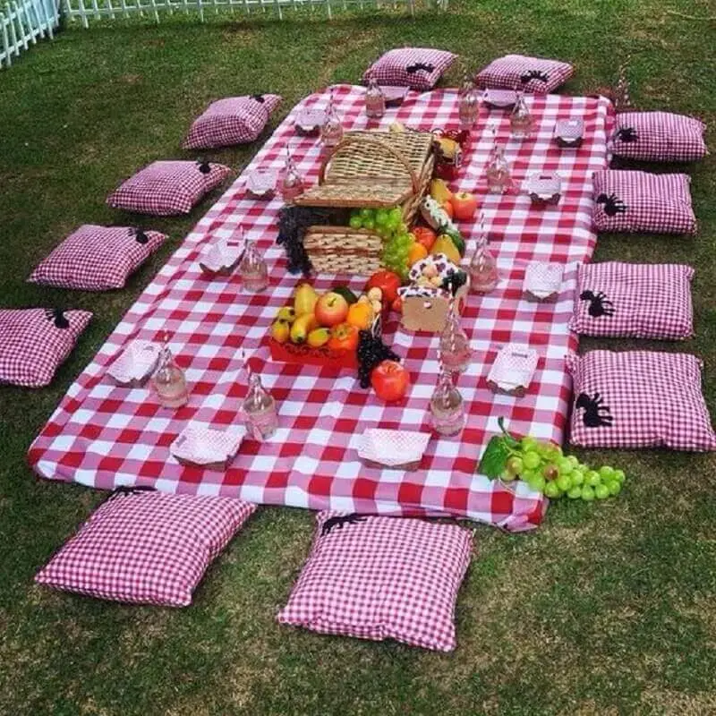 decoração com cesta de piquenique com frutas e toalha xadrez Foto Pinterest
