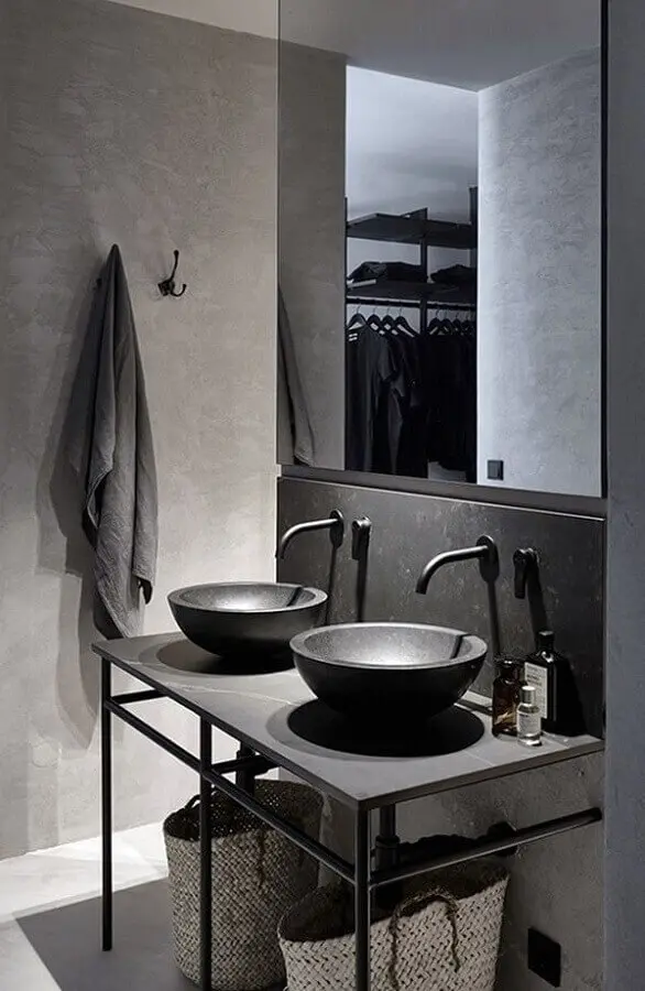 decoração moderna para banheiro cinza com duas cubas e cimento queimado Foto Simples Decoração