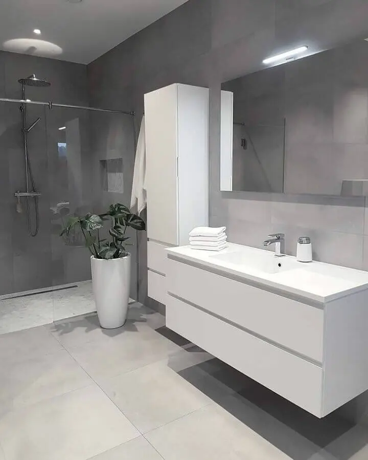decoração para banheiro cinza e branco grande Foto Pinterest