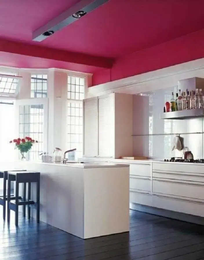 decoração para cozinha cor de rosa e branca ampla Foto Decoração e Arte