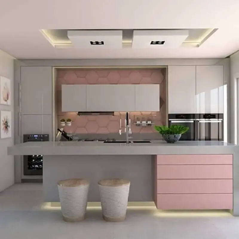 decoração para cozinha rosa e branca planejada moderna Foto House Renovation