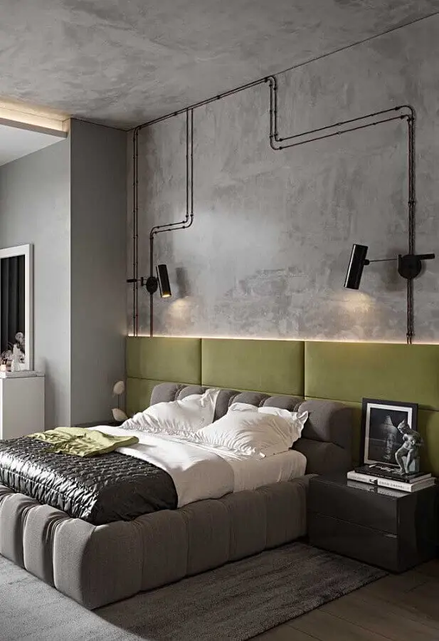 decoração para quarto moderno com cimento queimado e cabeceira verde musgo Foto Pinterest