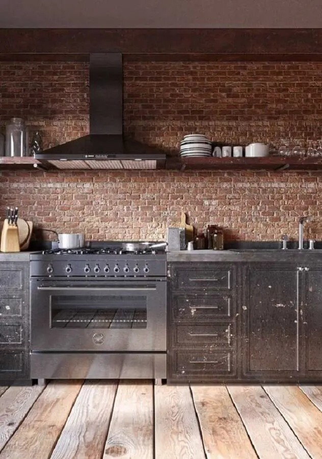 decoração rústica para cozinha com bancada de concreto e parede de tijolinho Foto Revista VD