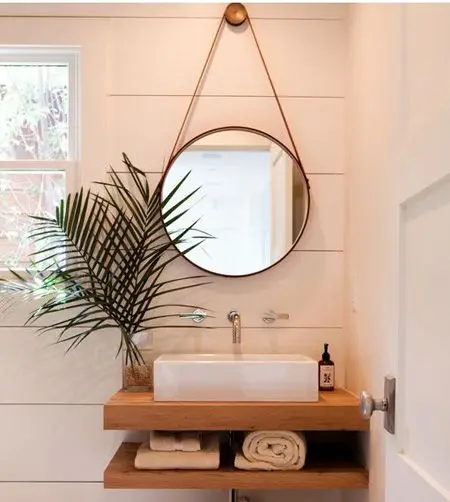 espelho adnet - banheiro com bancada de madeira 