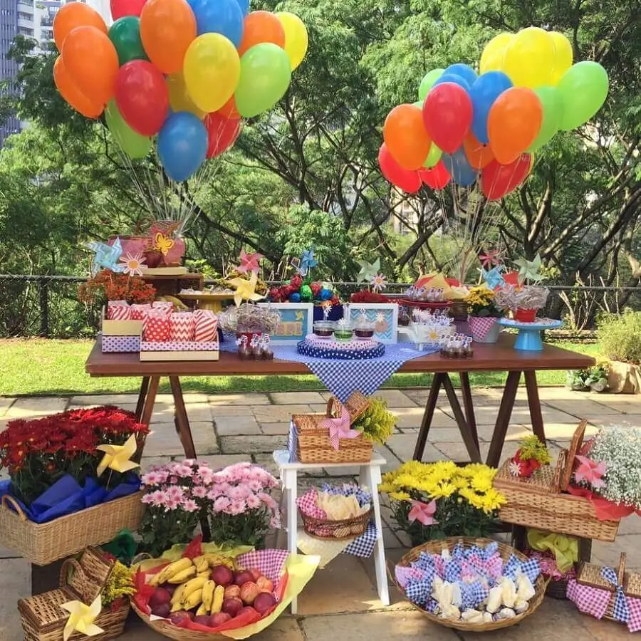 festa de aniversário piquenique decorada com balões coloridos e arranjos de flores Foto Festa do Papel by Cris e Tania