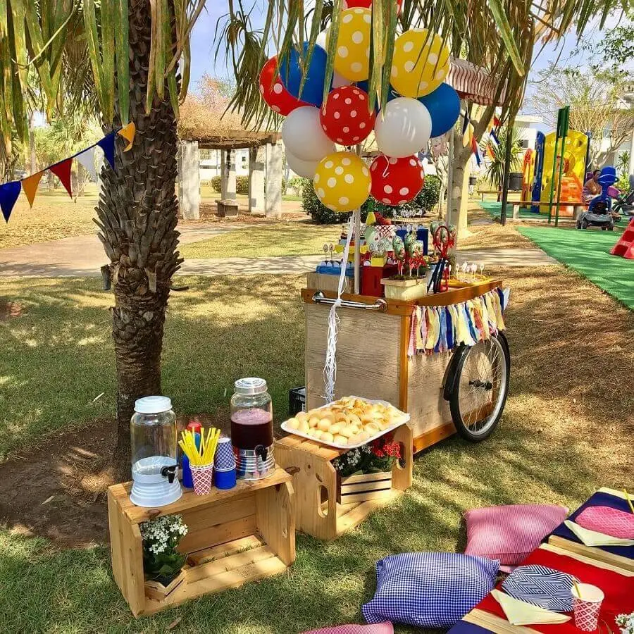 festa picnic decorada com balões e almofadas coloridas Foto Daniela Chiessi