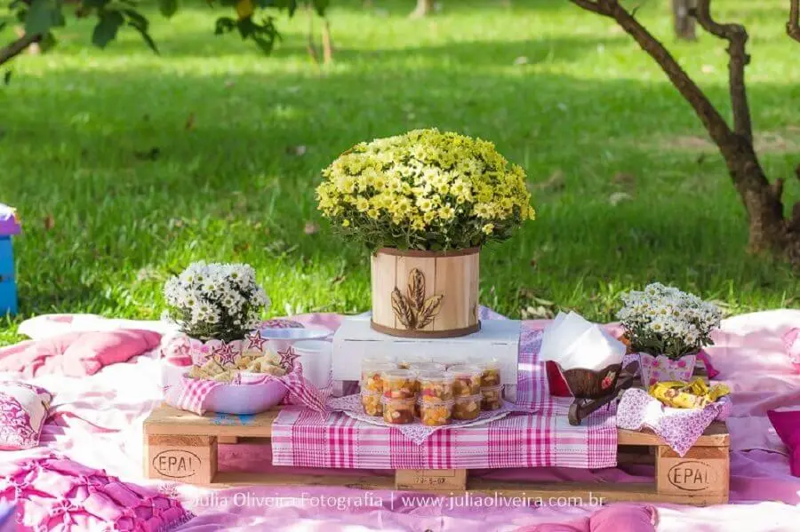 festa piquenique decorada com toalha xadrez e arranjo de flores Foto Mamãe Felicidades e Dicas