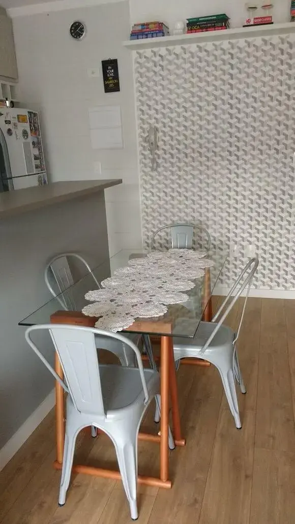 papel de parede geométrico - cozinha com papel de parede geométrico cinza 