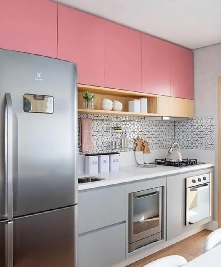 projeto de cozinha planejada rosa e cinza Foto Almoço de Sexta