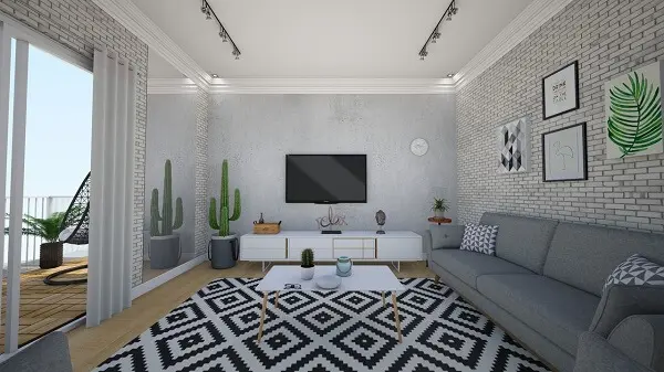 Projeto de sala de estar com sofá cinza e tapete geométrico preto e branco