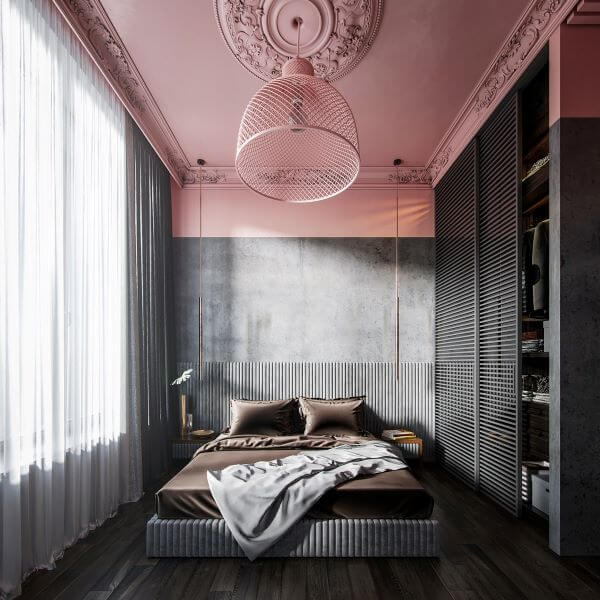Quarto rosa e cinza escuro para uma decoração moderna