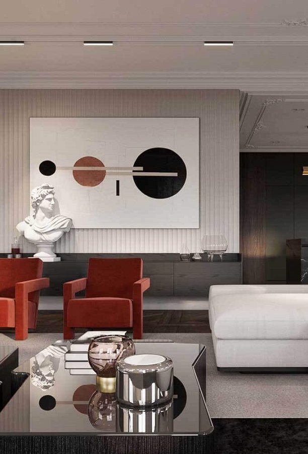 sala de estar cinza moderna decorada com cadeira vermelha Foto Pinterest
