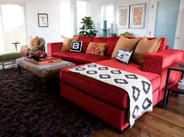 Sala de estar com sofá suede vermelho e tapete felpudo
