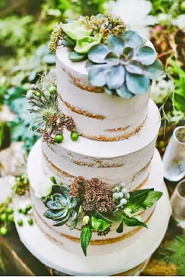 suculentas para decoração de bolo de casamento rústico Foto Wedding Forward