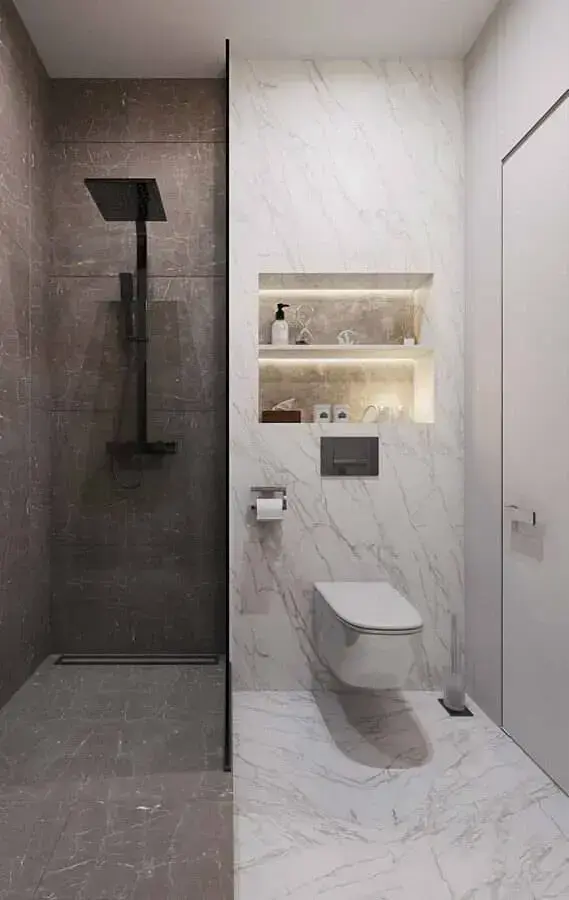banheiro moderno decorado com mármore branco fora da área do box Foto Pinterest