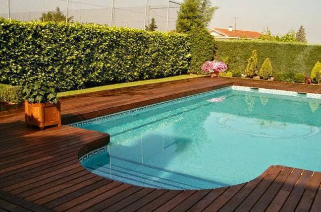 Borda de piscina de alvenaria com deck de madeira no jardim