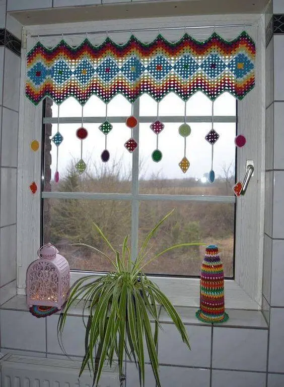 cortina de crochê - cortina colorida pequena 