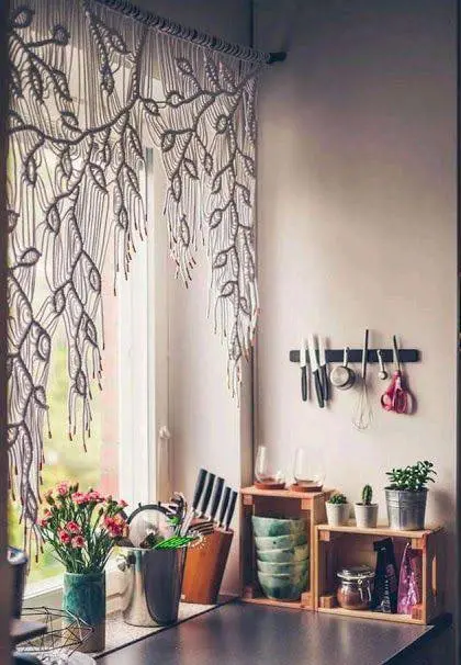 cortina de crochê - cozinha com cortina de crochê branca 