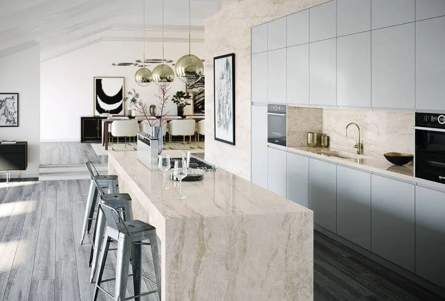 cozinha conceito aberto com ilha de mármore Foto Cosentino