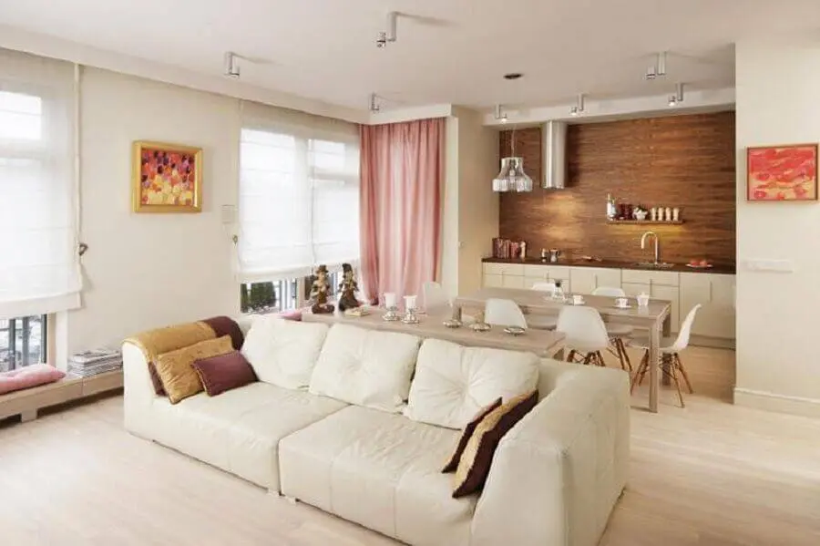 decoração em cores neutras para sala e cozinha conceito aberto Foto Home Design Interior