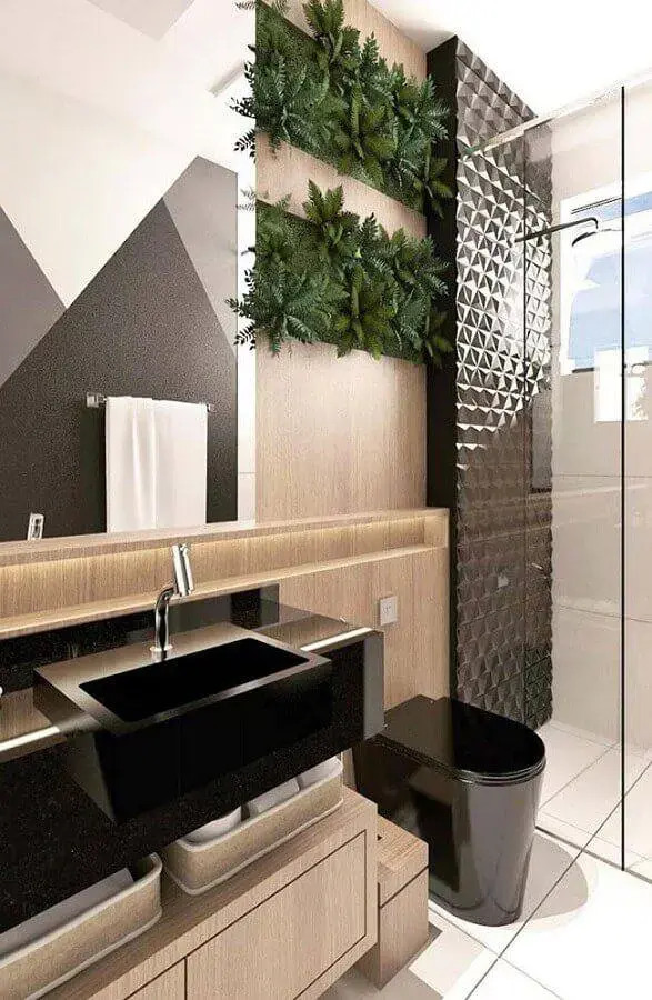 decoração moderna para banheiro pequeno planejado com revestimento 3d e bancada preta Foto Dicas de Decoração