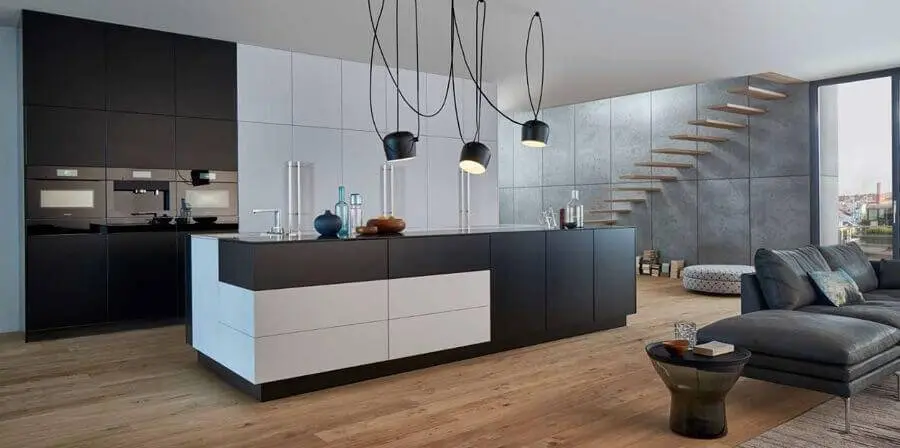 decoração moderna para sala e cozinha conceito aberto preto e branca Foto Pinterest