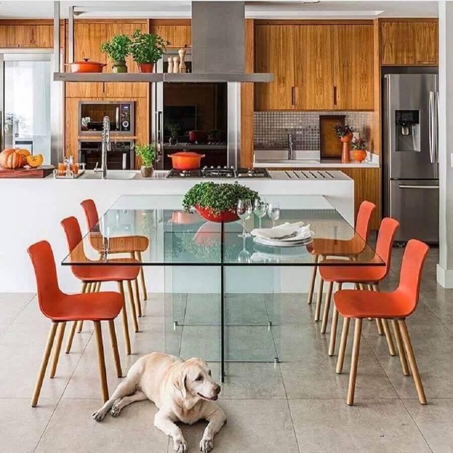 decoração para cozinha americana grande com mesa de vidro Foto Mandril Arquitetura
