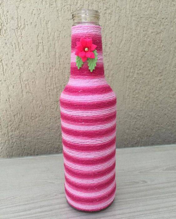 garrafas decoradas com barbante - garrafa com barbante rosa 