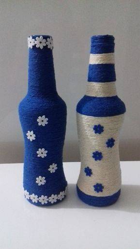 garrafas decoradas com barbante - garrafas com barbante azul 