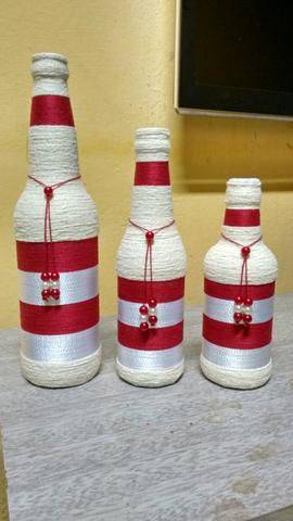 garrafas decoradas com barbante - garrafas com fitas e barbantes 