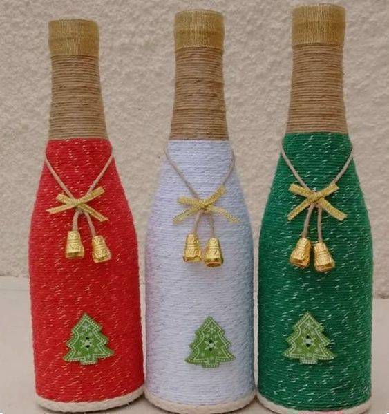 garrafas decoradas com barbante - garrafas para festas natalinas 