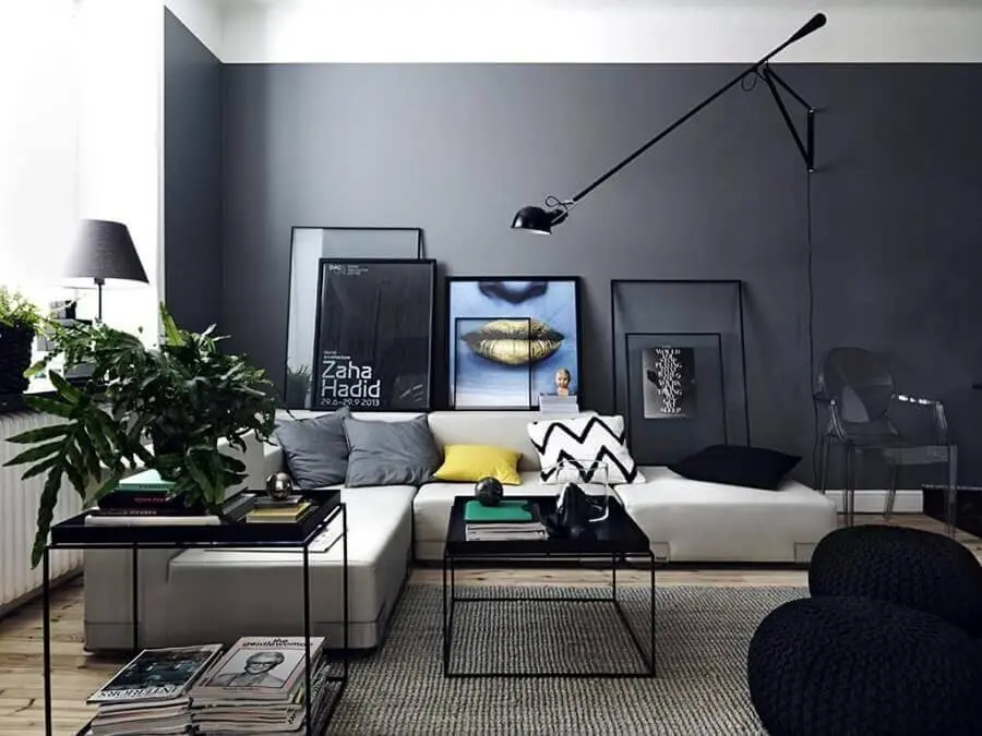 sofá sem braço para decoração de sala moderna preta e cinza Foto Pinterest